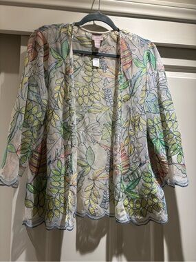 Chico's Sheer Embroidered Floral Cardigan - Pink, Yellow, Blue